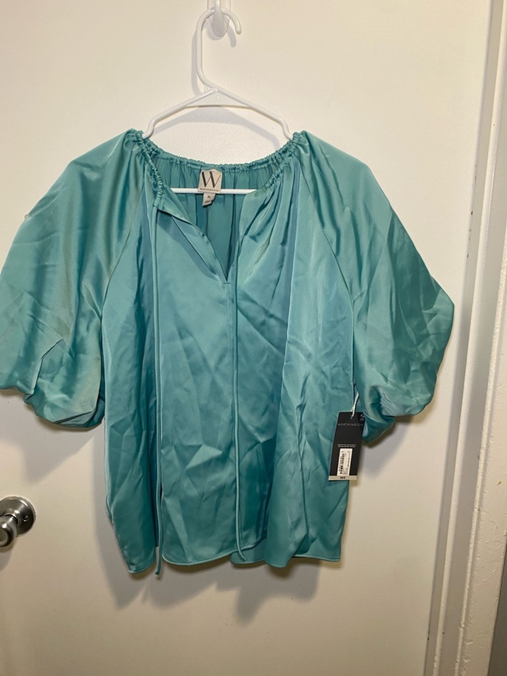 W by Worth Aqua Teal Peasant Blouse with Tie Neck
